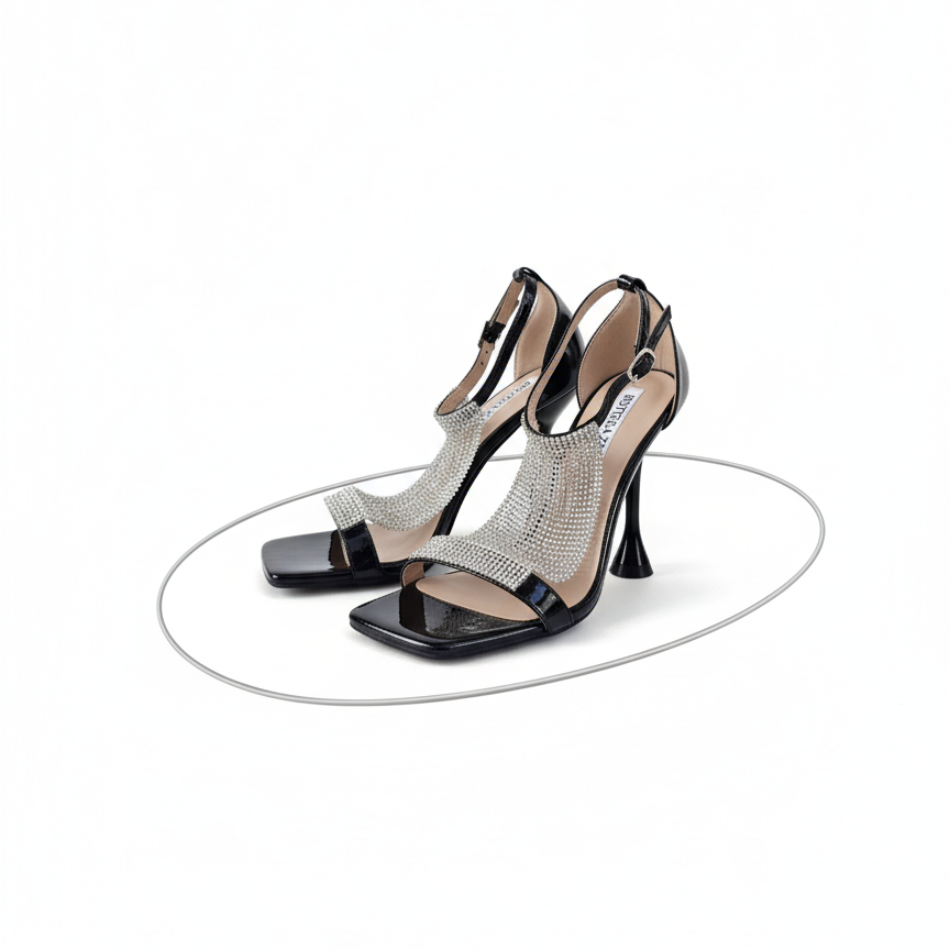 Sandalo Nero Elegante Donna | Sandalo con Strass e Tacco Alto